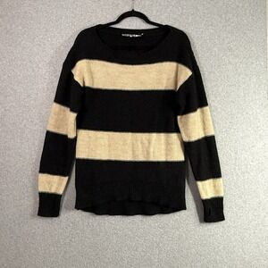 Pam & Gela Black Beige Stripe Wool Alpaca Blend Sweater W/ Thumbholes Size P XS